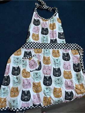 Cute Cat-Print Apron in Multicolor with Polka Dot Trim